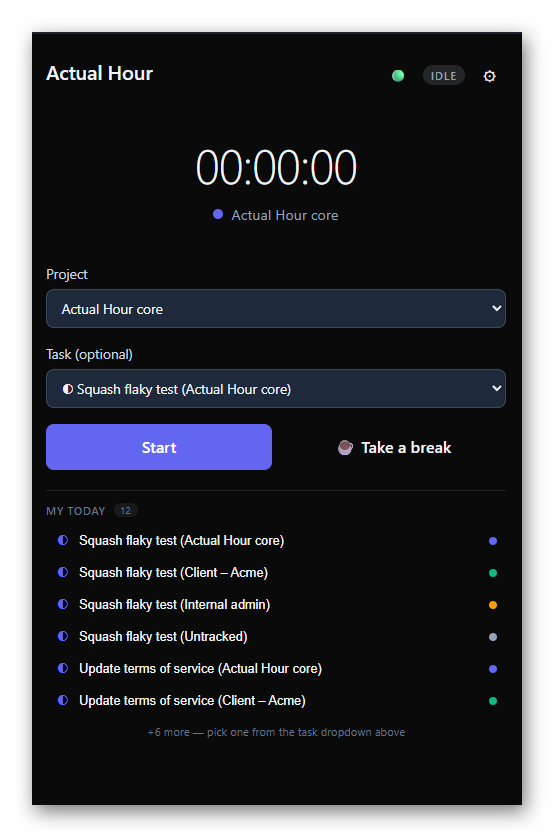 Actual Hour desktop tracker window: compact portrait layout showing the Actual Hour header with an IDLE status pill, a 00:00:00 timer, project and task pickers (Actual Hour core, Squash flaky test), Start and Take a break buttons, and a 'My Today' list of recently tracked items across multiple projects.