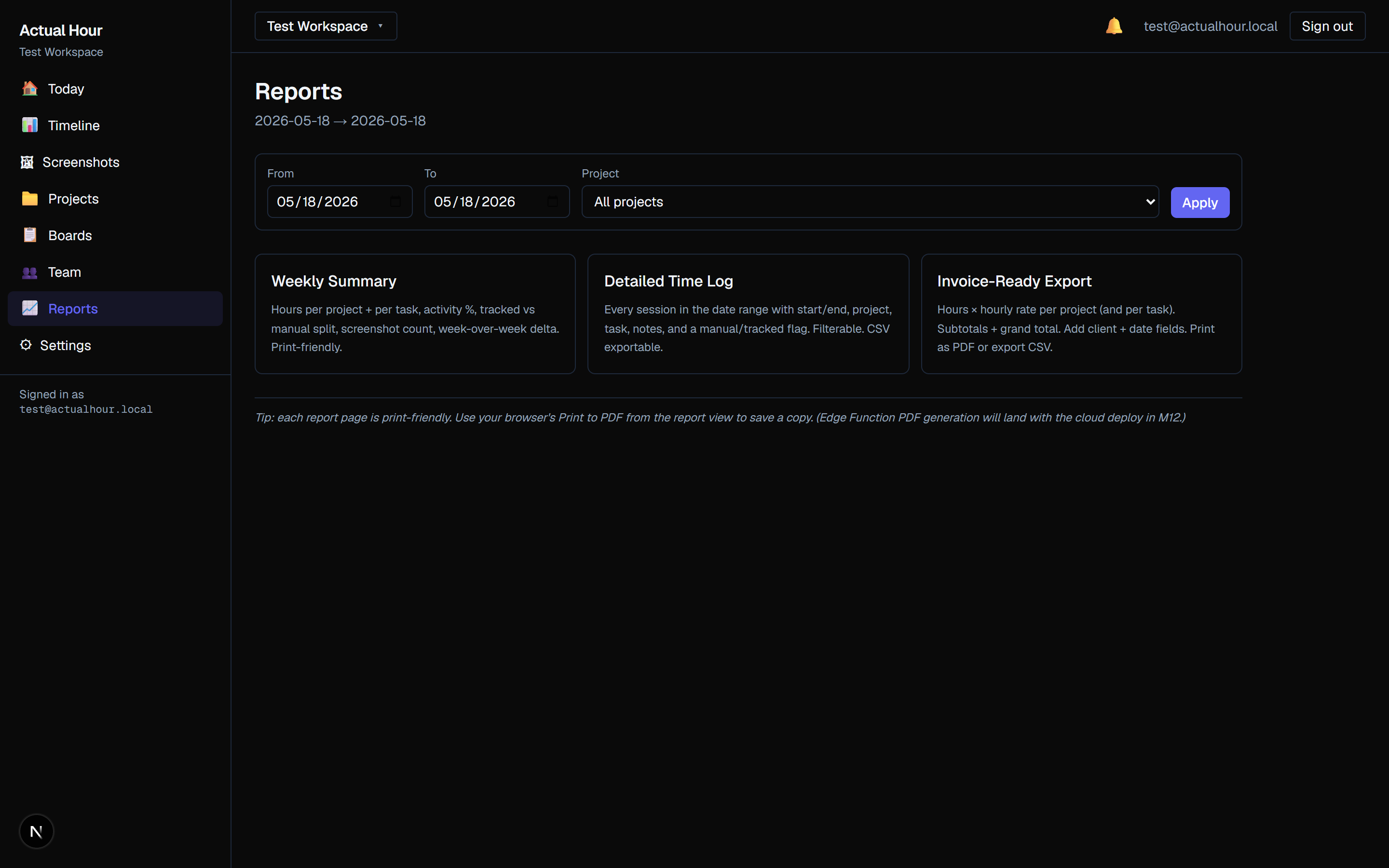 Actual Hour Reports view with three report cards: Weekly Summary, Detailed Time Log, and Invoice-Ready Export. All CSV exportable and print friendly.