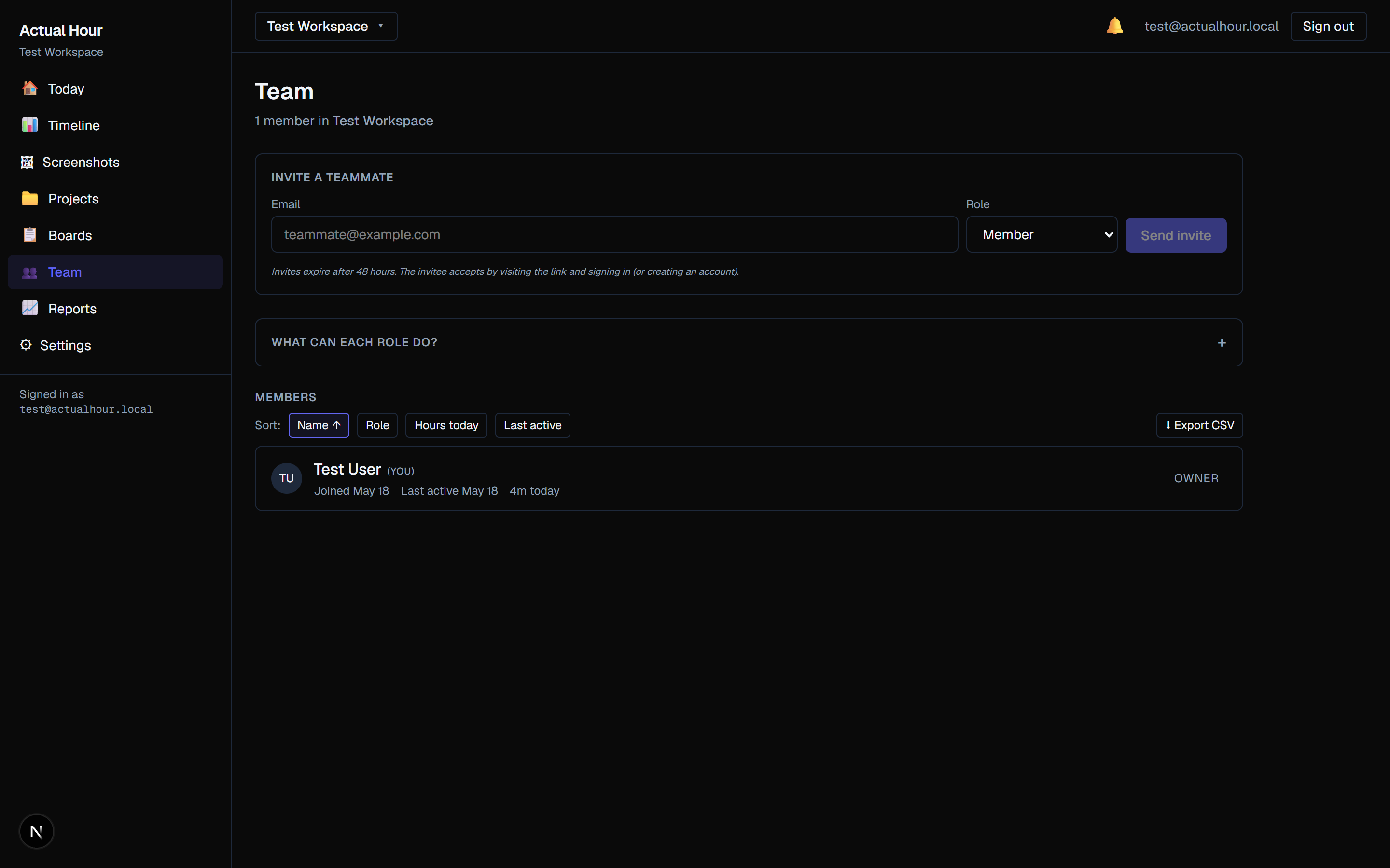 Actual Hour Team page showing workspace members with their live tracking status. The infrastructure for live presence pills is wired in; this view shows the team roster with role, hours today, and last active fields.