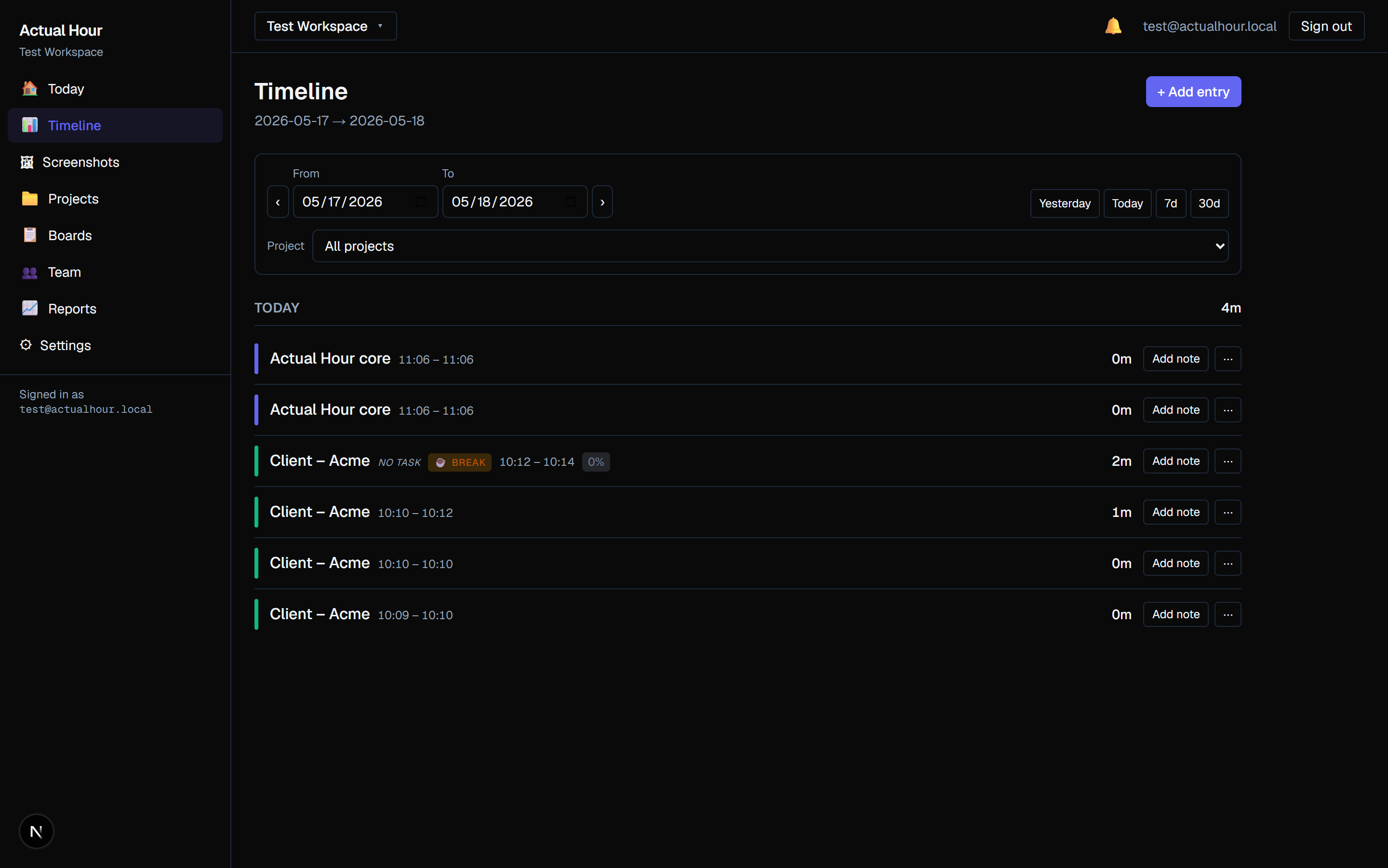 Actual Hour Timeline view showing time entries grouped by day with project labels, start/end times, and per-entry note actions