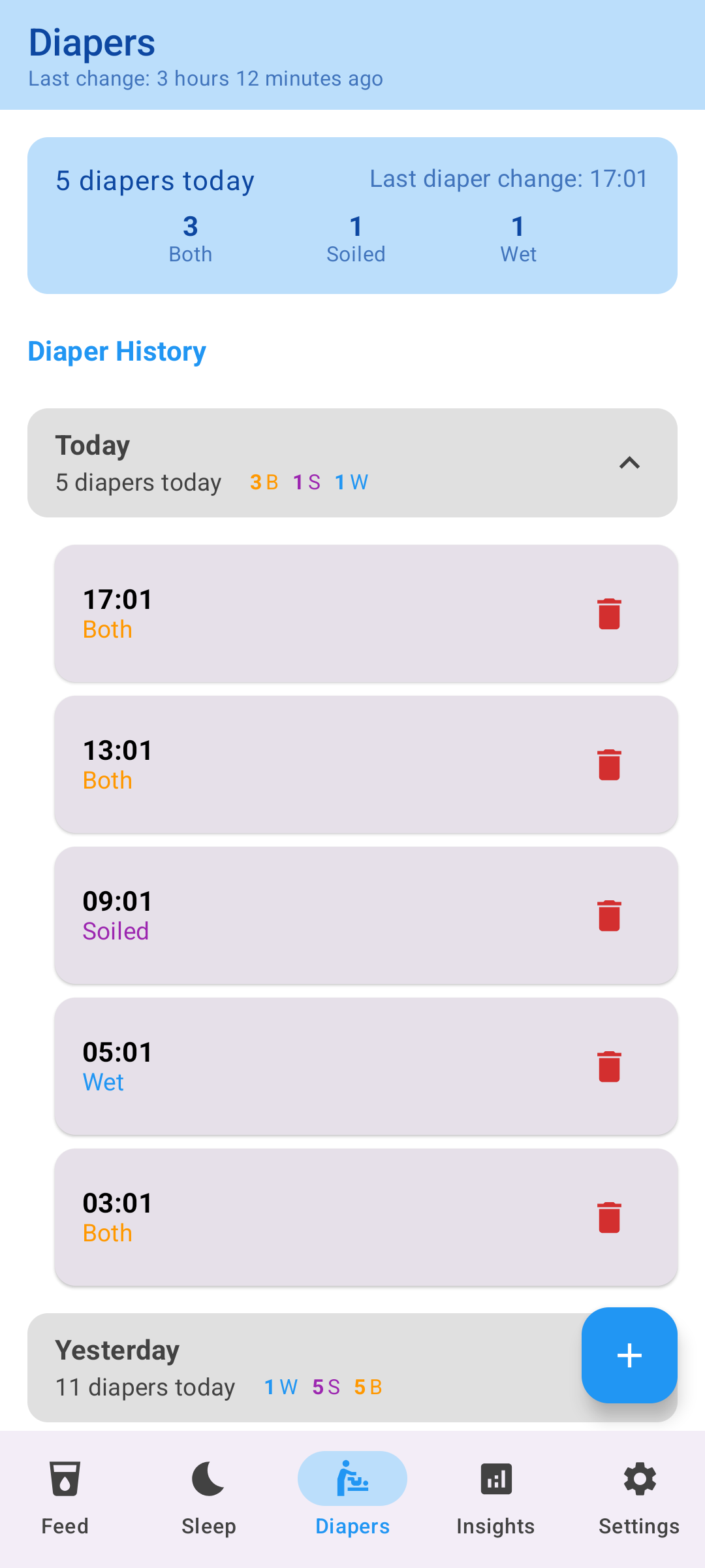 Baby diaper tracker app with quick logging for wet and dirty diapers, perfect for newborn care and pediatrician visits