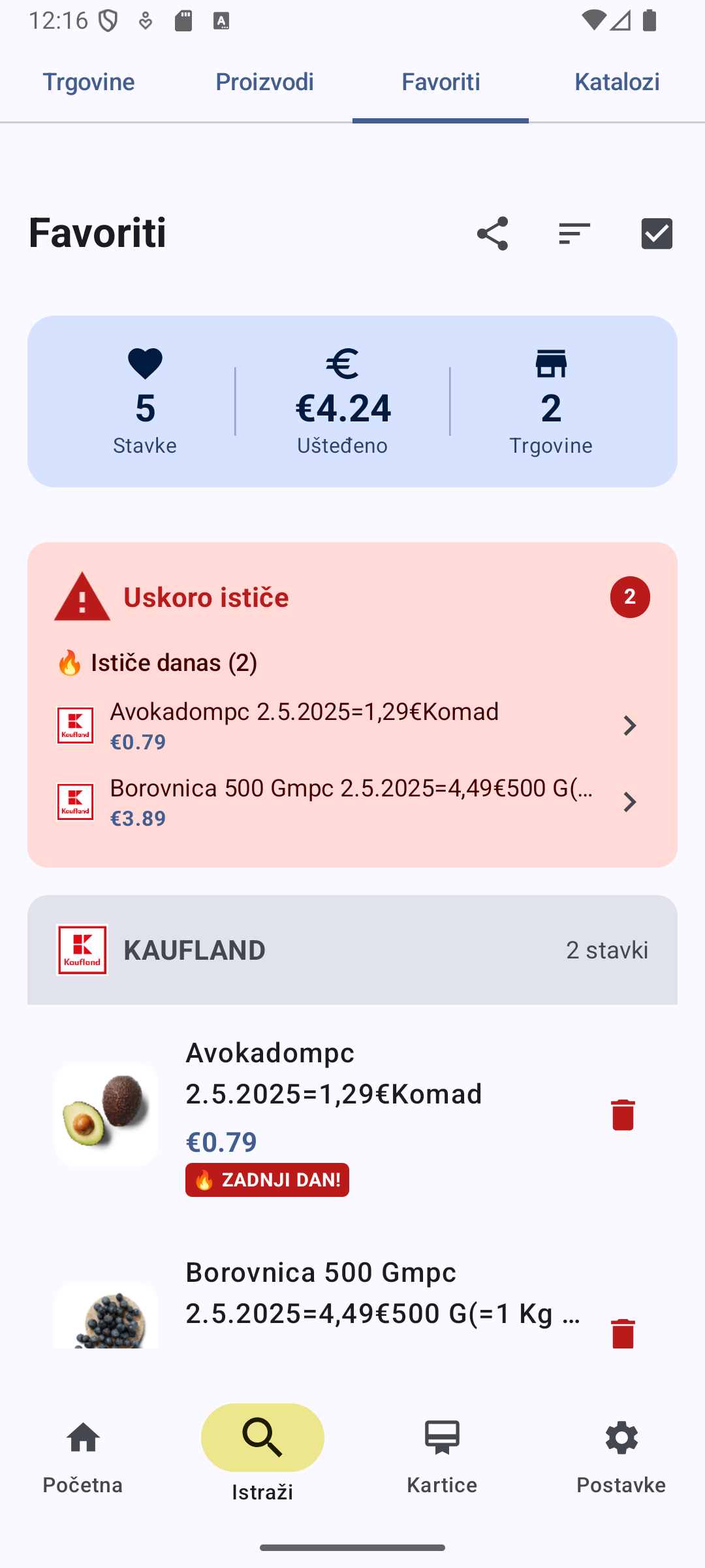 Favoriti lista u Radar Akcija aplikaciji s upozorenjem o proizvodima koji uskoro ističu i prikazom ušteda od 4.24€ u hrvatskim trgovinama