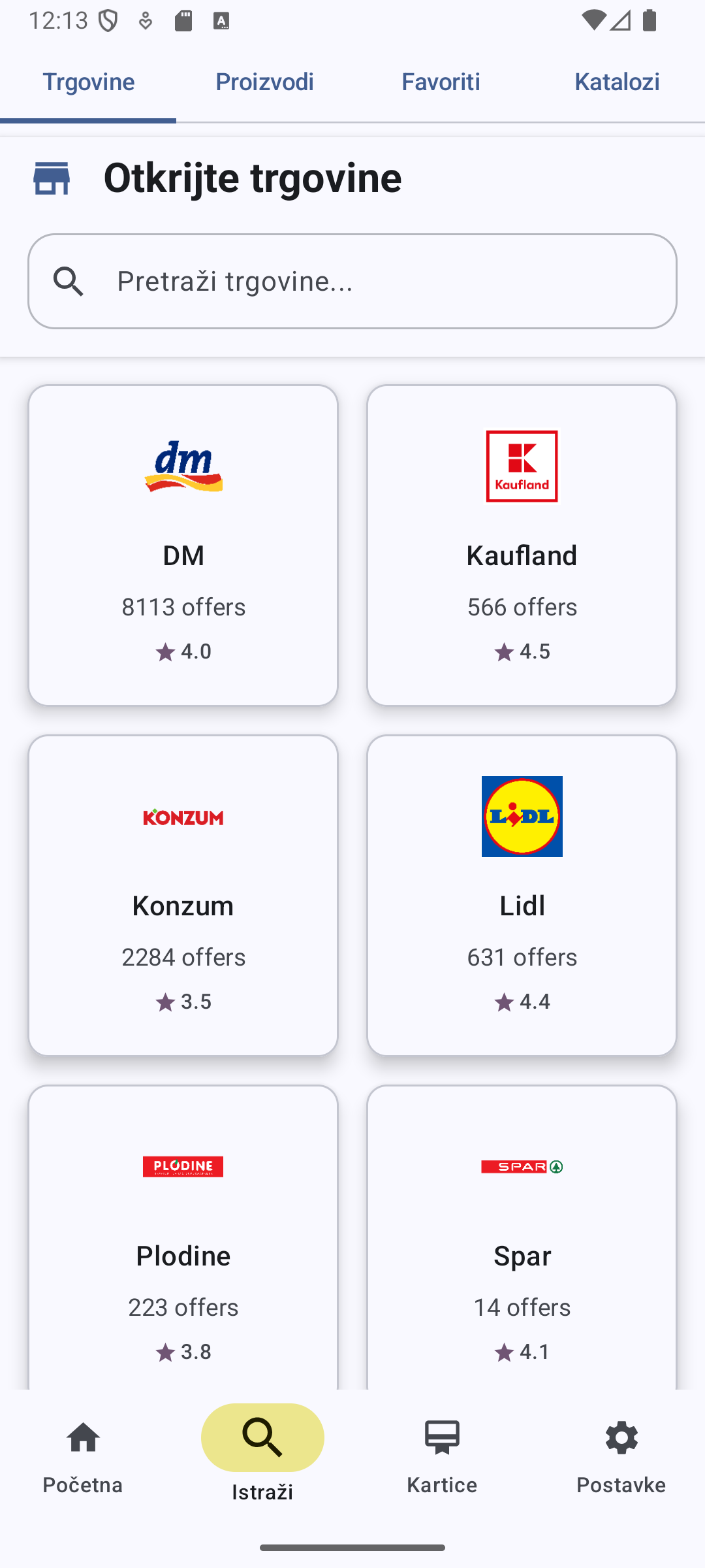 Pregled hrvatskih trgovina u Radar Akcija aplikaciji s DM, Kaufland, Konzum, Lidl, Plodine i Spar trgovinama za praćenje popusta