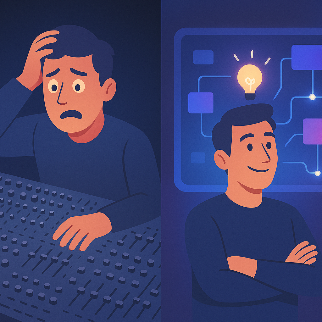 Person confused at complex UI vs enlightened at node-based workflow, split comparison illustration