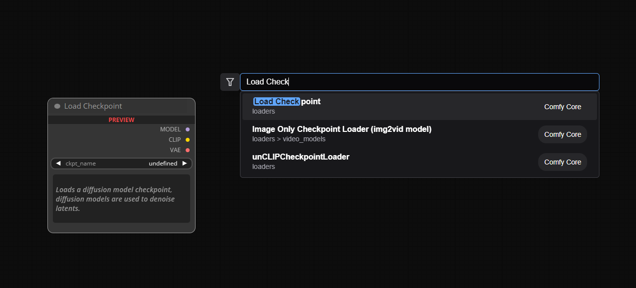 ComfyUI node search interface: right-click canvas menu showing searchable node library with Load Checkpoint selection for building custom workflows
