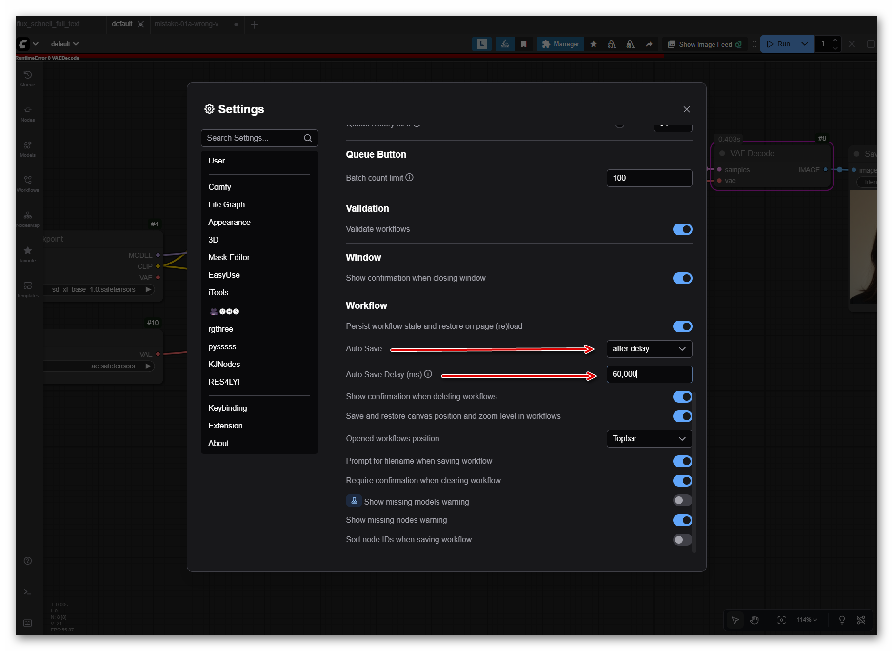ComfyUI auto-save settings: showing auto-save workflows option in settings panel for automatic workflow preservation