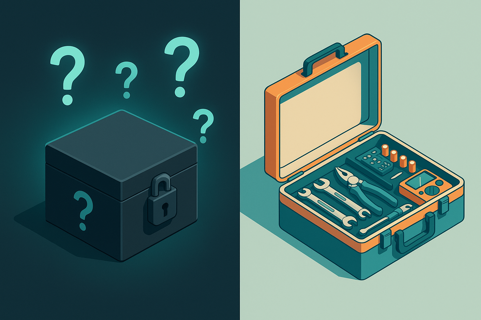Side by side comparison of locked black box vs open toolbox with visible components, isometric view