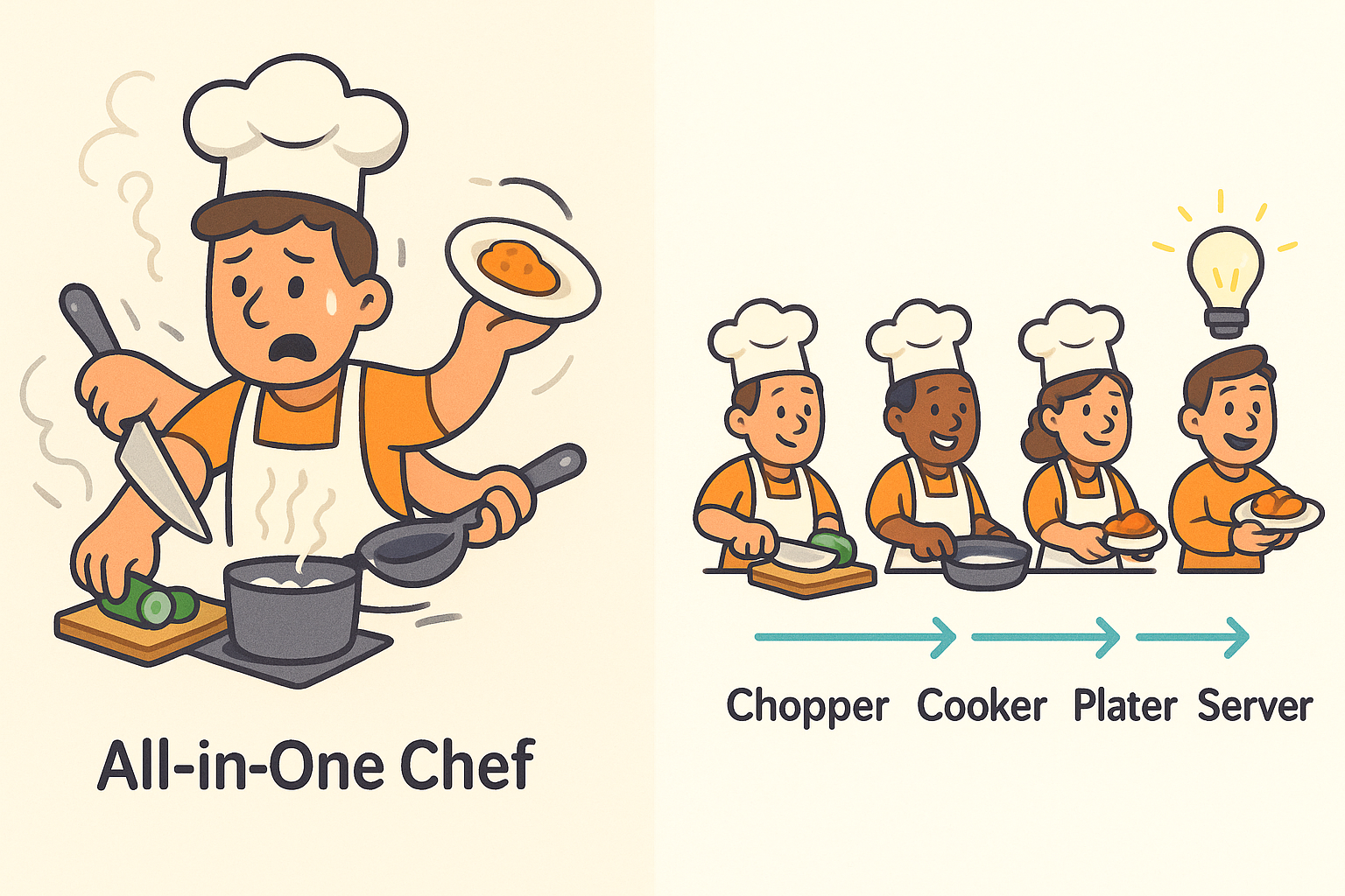 ComfyUI node philosophy metaphor: single all-in-one chef versus specialized cooking stations demonstrating modular workflow design for AI image generation