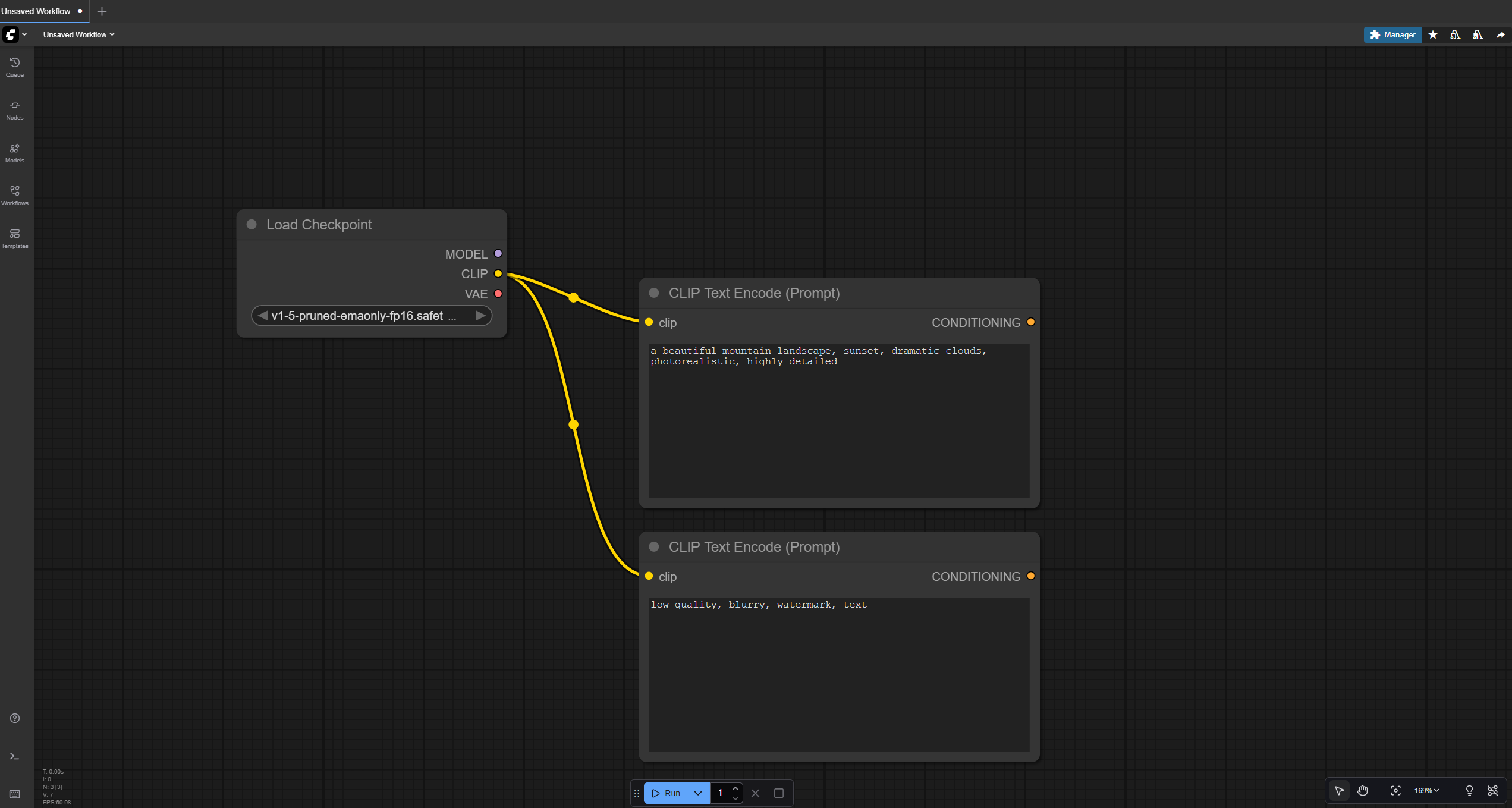 ComfyUI dual CLIP Text Encode setup: positive and negative prompt nodes both connected to Load Checkpoint for controlled AI image generation