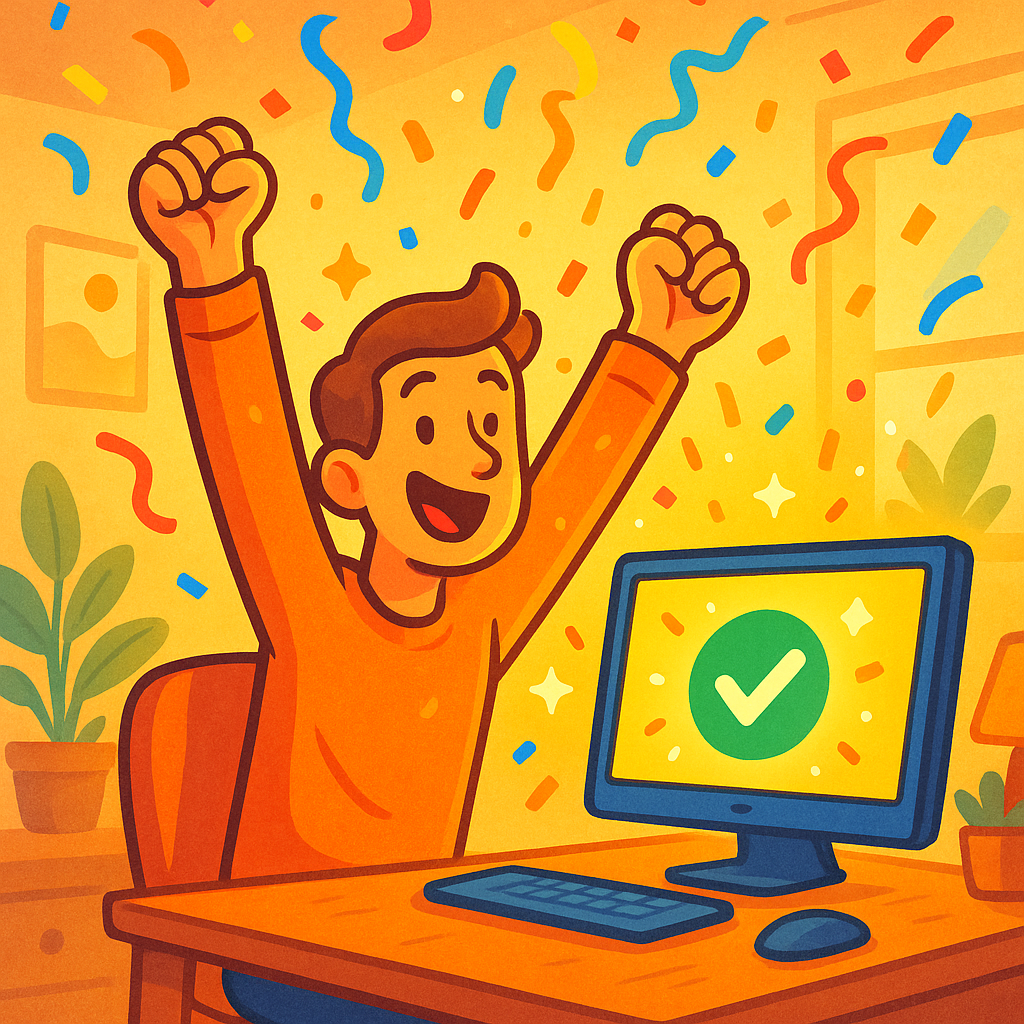 Celebration scene with happy character at computer, arms raised in victory, sparkles and confetti