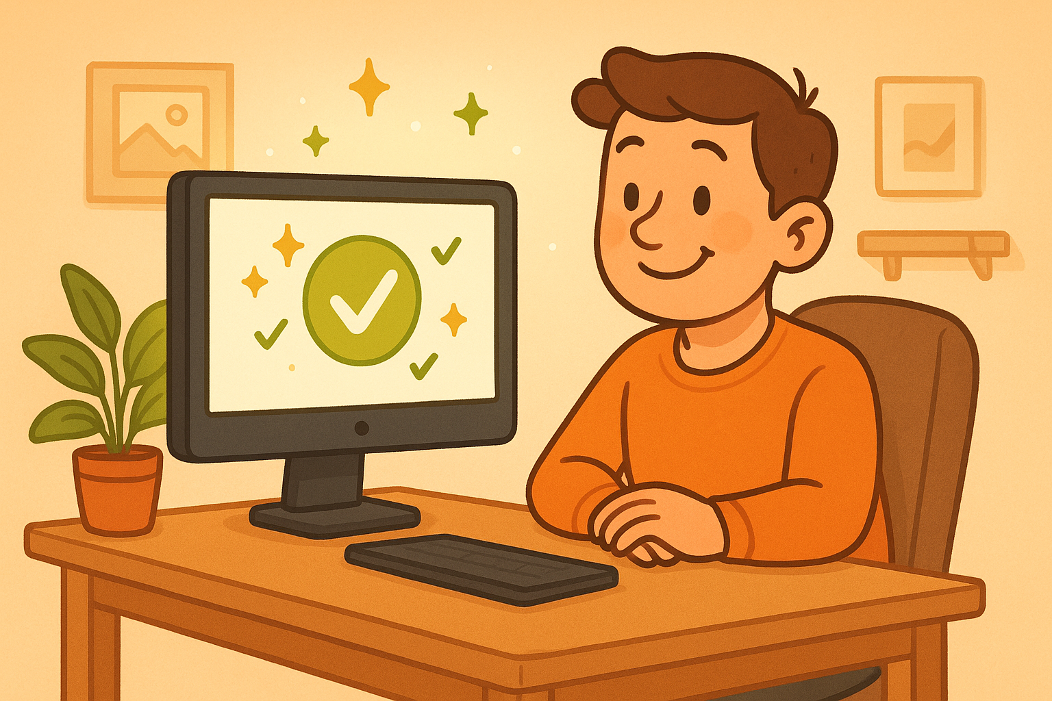 Cheerful character at desk with computer showing success, green checkmarks floating around