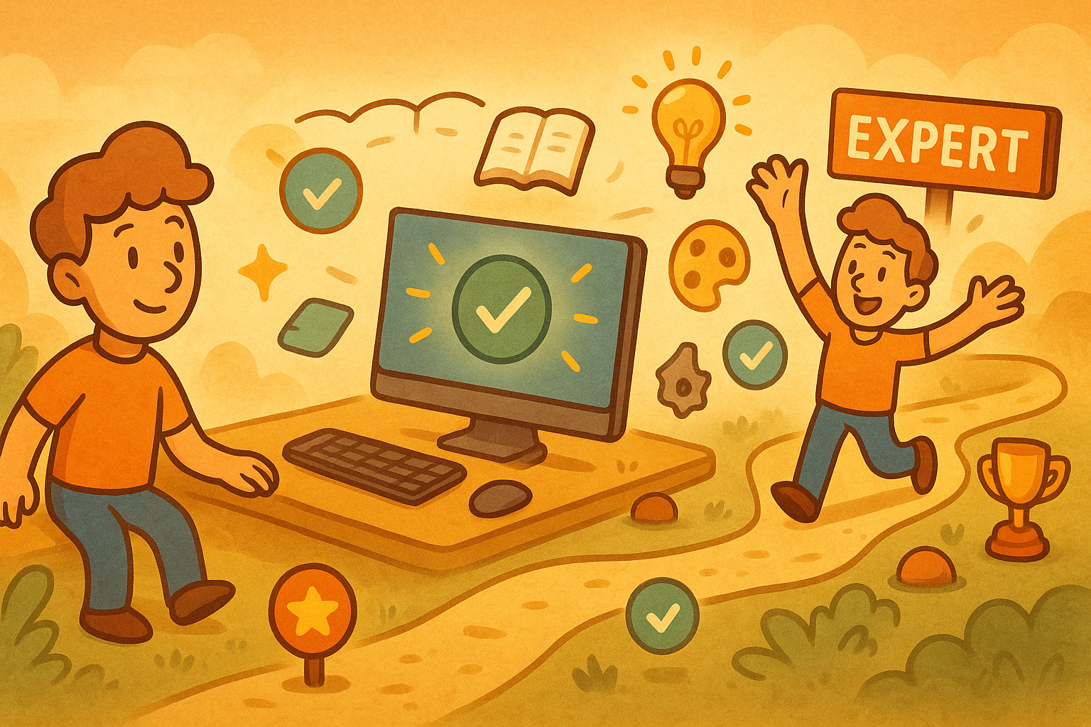 Creative journey roadmap showing winding path from START to EXPERT with milestone markers