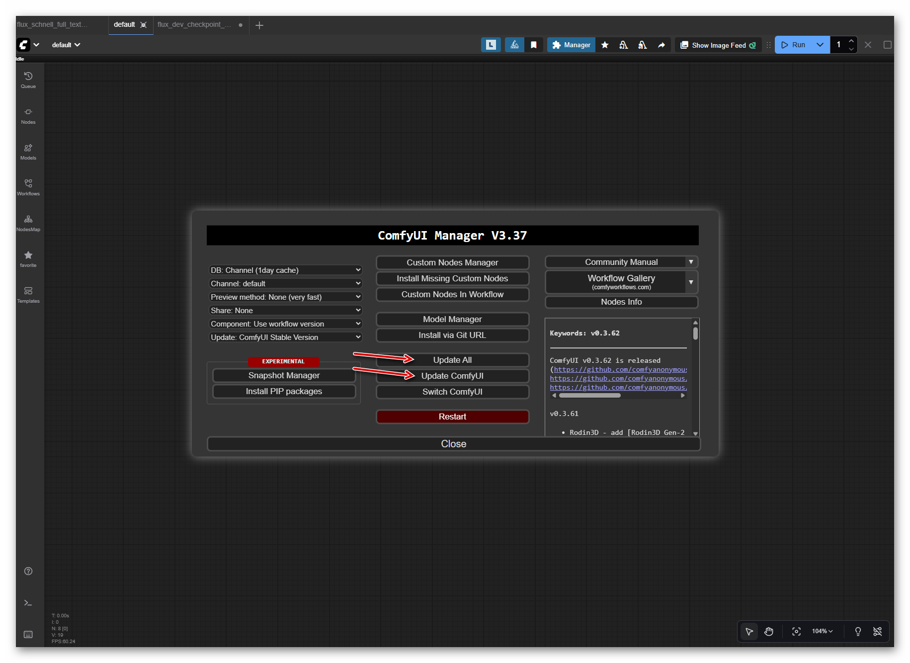 ComfyUI Manager update interface: showing update buttons and available updates for core software and custom nodes