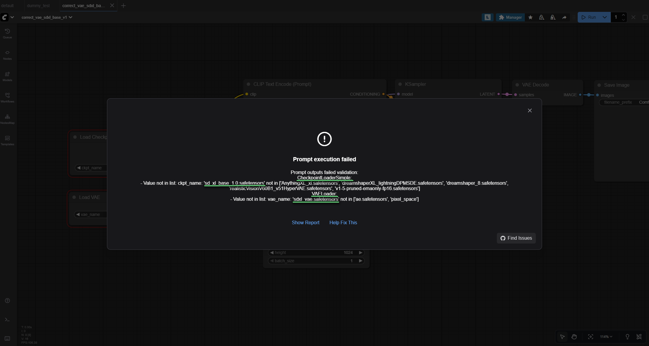 ComfyUI missing checkpoint error: showing validation error message and CheckpointLoaderSimple node dropdown with available models highlighted