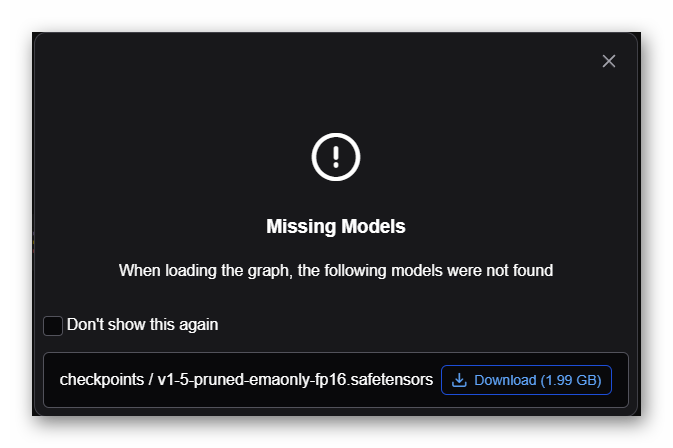 Model download dialog showing SD1.5 download prompt with highlighted confirm button