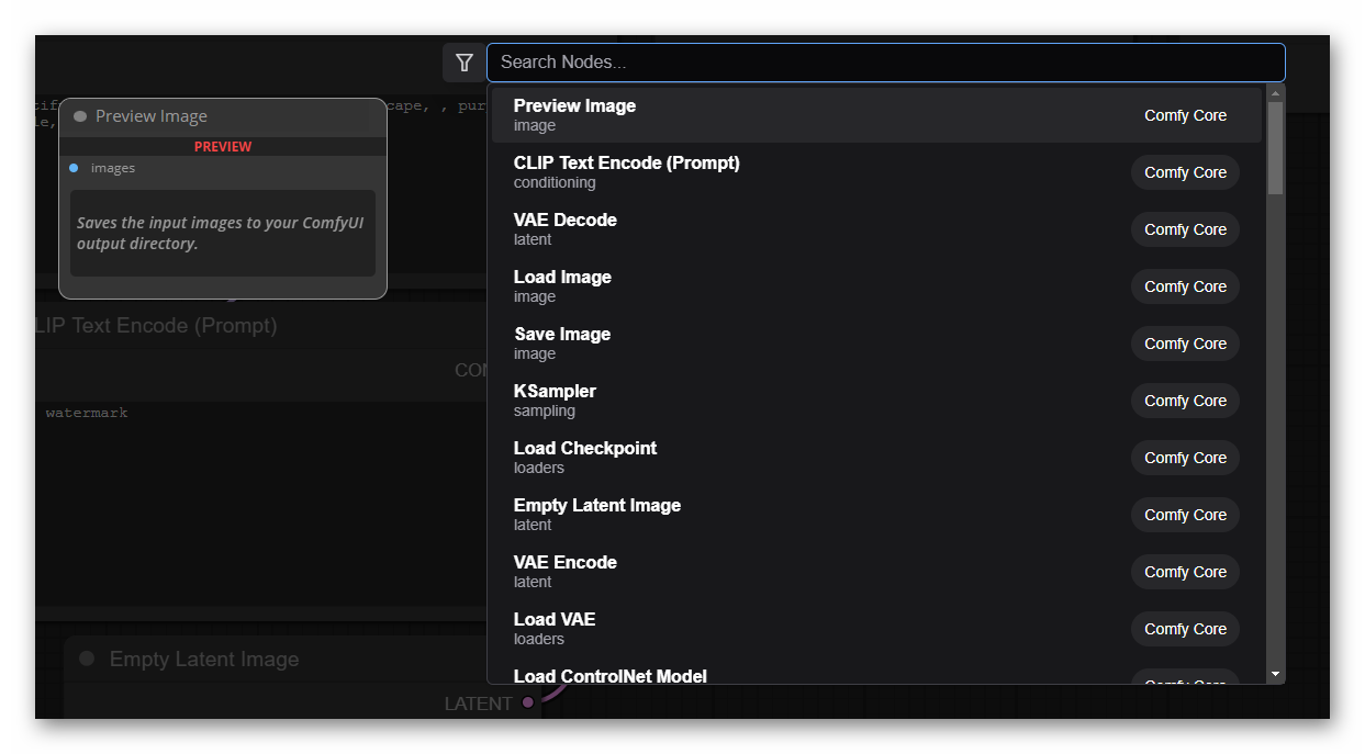 Node search box showing search results when double-clicking on canvas