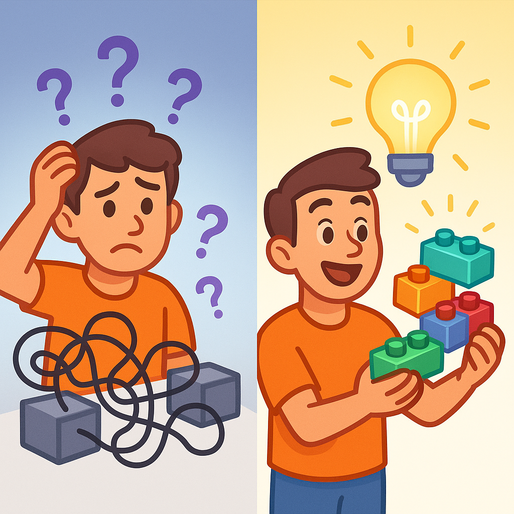 ComfyUI beginner journey: confused person facing tangled workflow nodes transforming into confident user mastering connected node-based AI image generation
