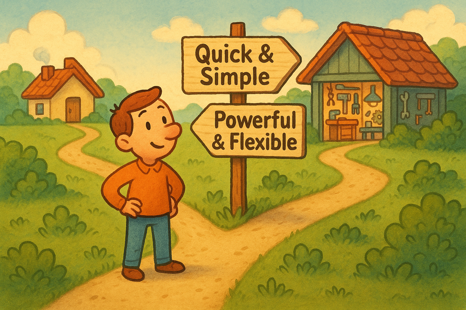 Cartoon character at crossroads with two paths - Quick & Simple vs Powerful & Flexible