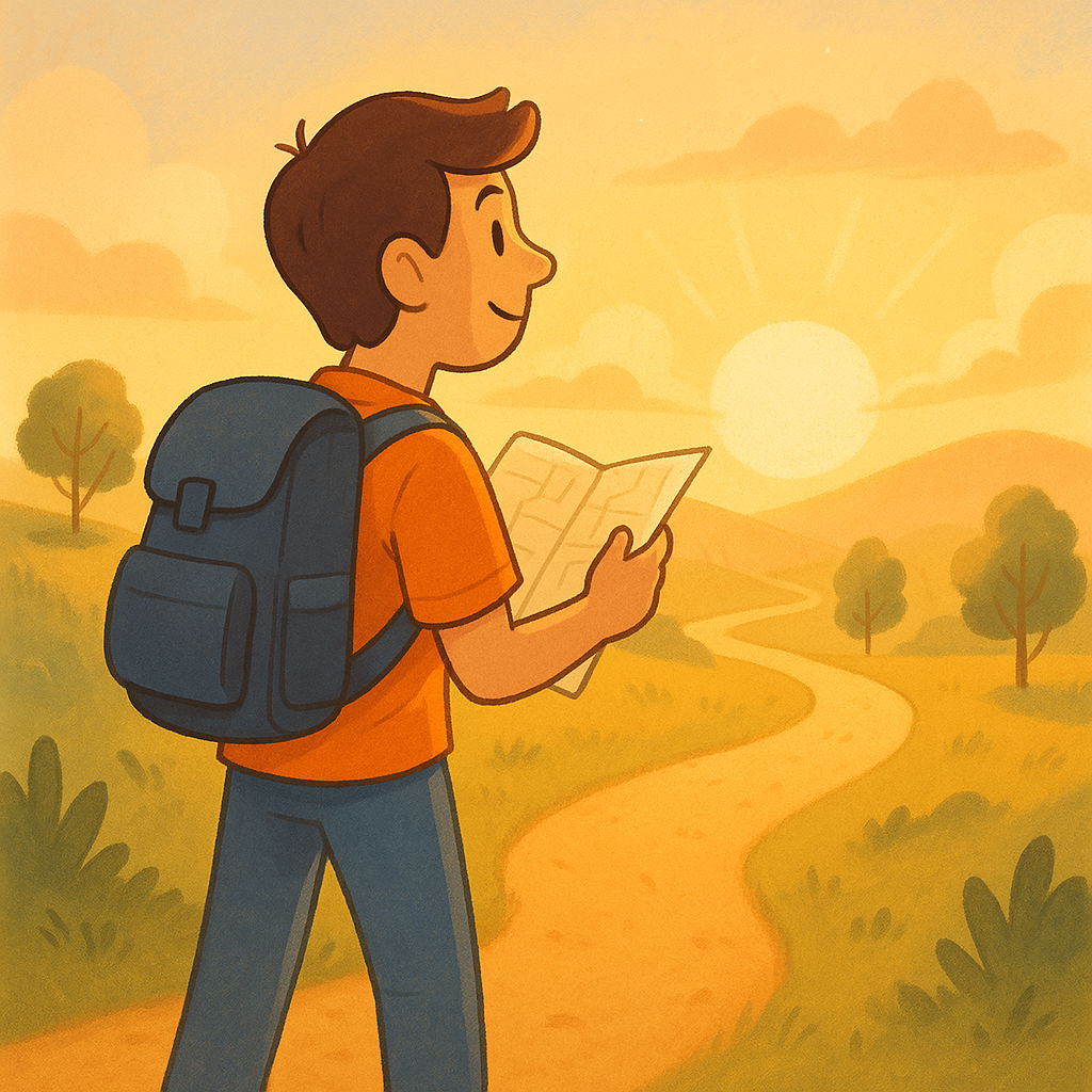Character standing confidently with backpack and map, looking toward horizon with determination