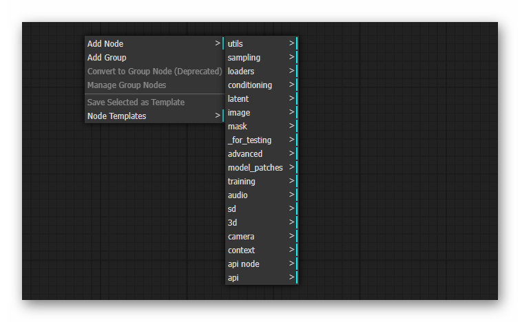 Right-click context menu showing categorized list of nodes