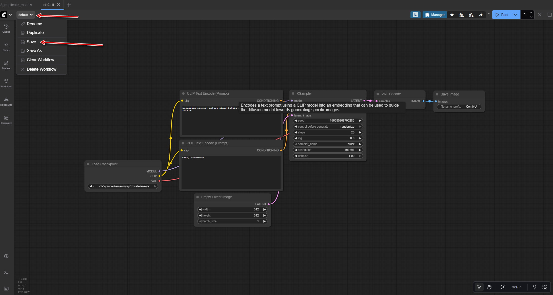 ComfyUI save workflow: interface highlighting Save button location and keyboard shortcut for preserving node-based AI generation work