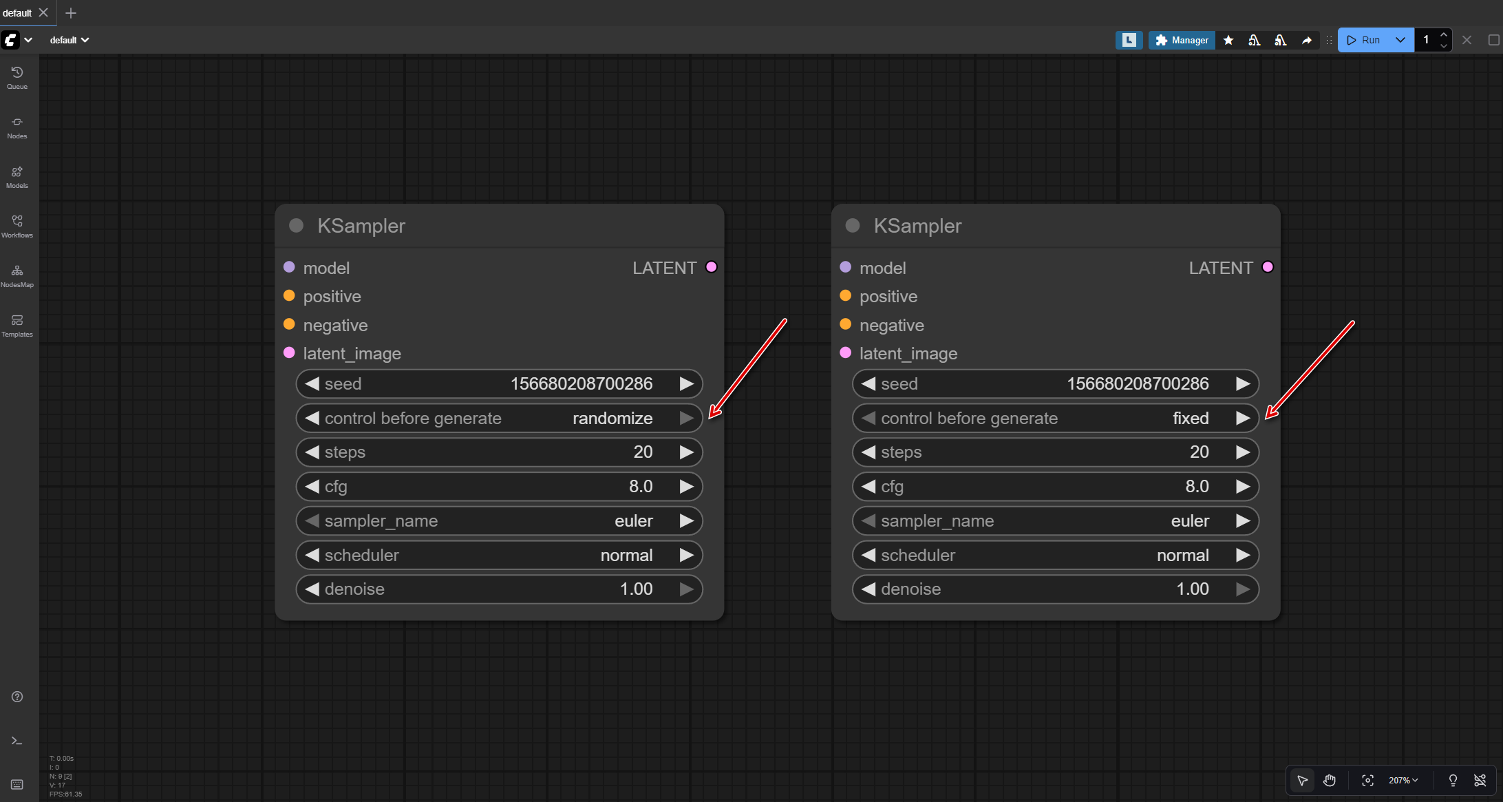 ComfyUI KSampler seed control: showing seed value field and fixed versus random toggle for reproducible AI image generation