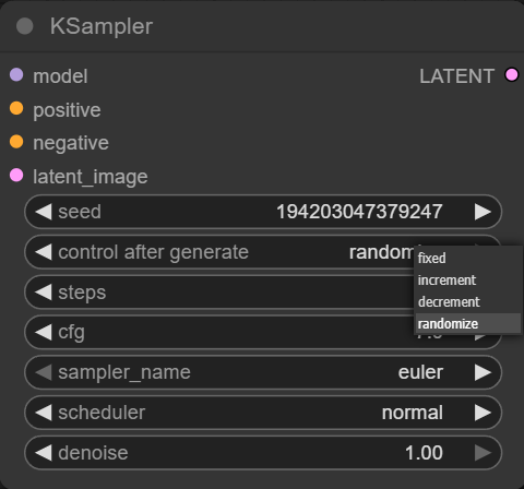 ComfyUI KSampler seed control: random seed option for generating unique AI images versus fixed seed for reproducible Stable Diffusion results