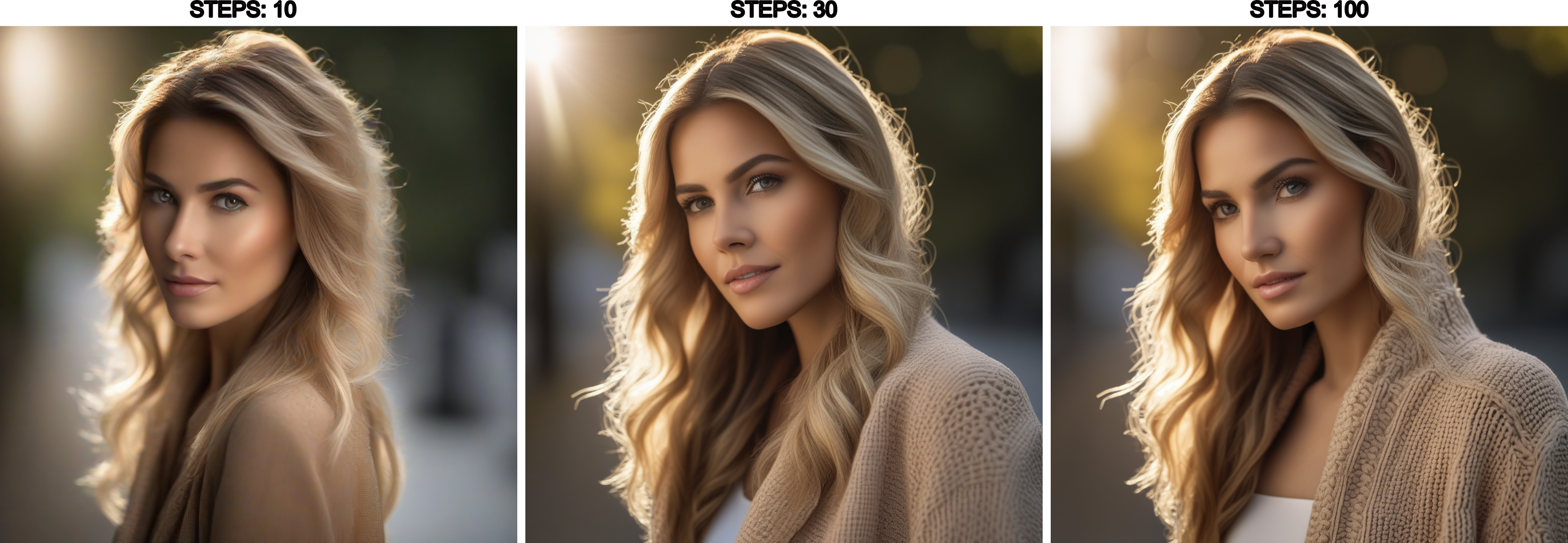 ComfyUI steps comparison: three AI generated images showing quality differences between 10 steps 30 steps and 100 steps demonstrating diminishing returns