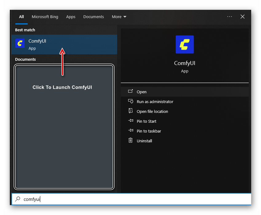 ComfyUI desktop application icon in Start Menu with arrow annotation