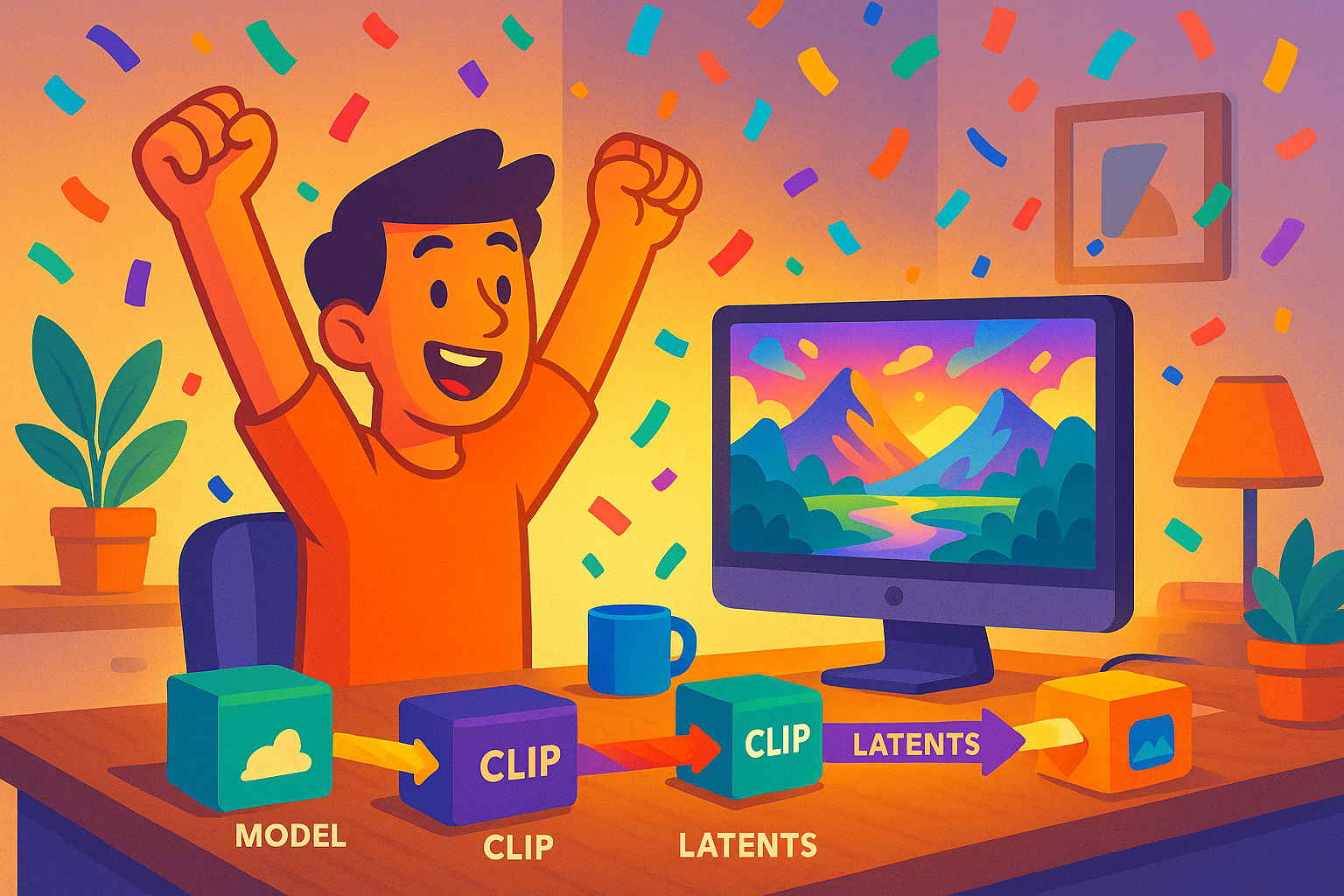 ComfyUI success celebration: user successfully generating their first AI image with custom node-based workflow in Stable Diffusion