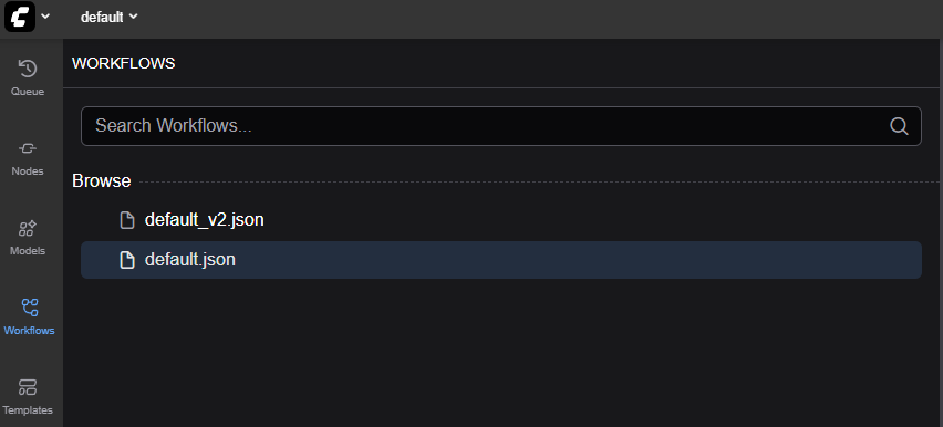 ComfyUI workflow management: sidebar interface showing saved workflow files for organizing and loading custom AI image generation pipelines