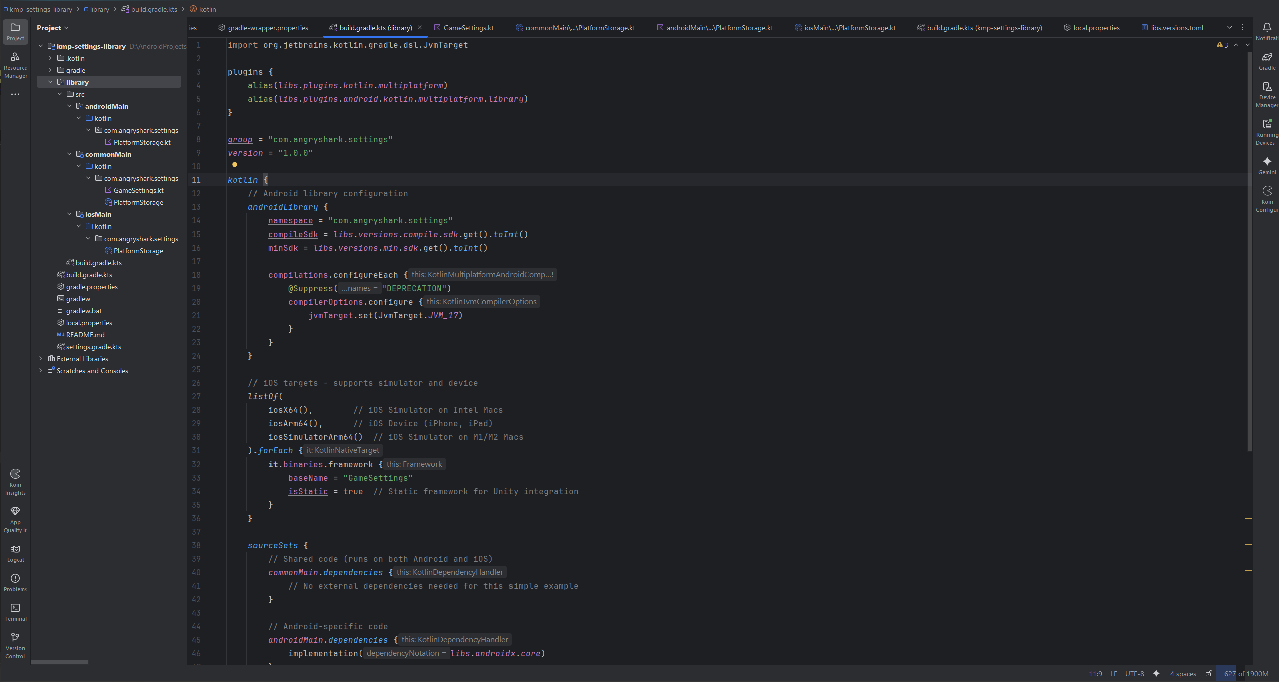Kotlin Multiplatform Gradle build configuration showing Android and iOS target setup with source set dependencies