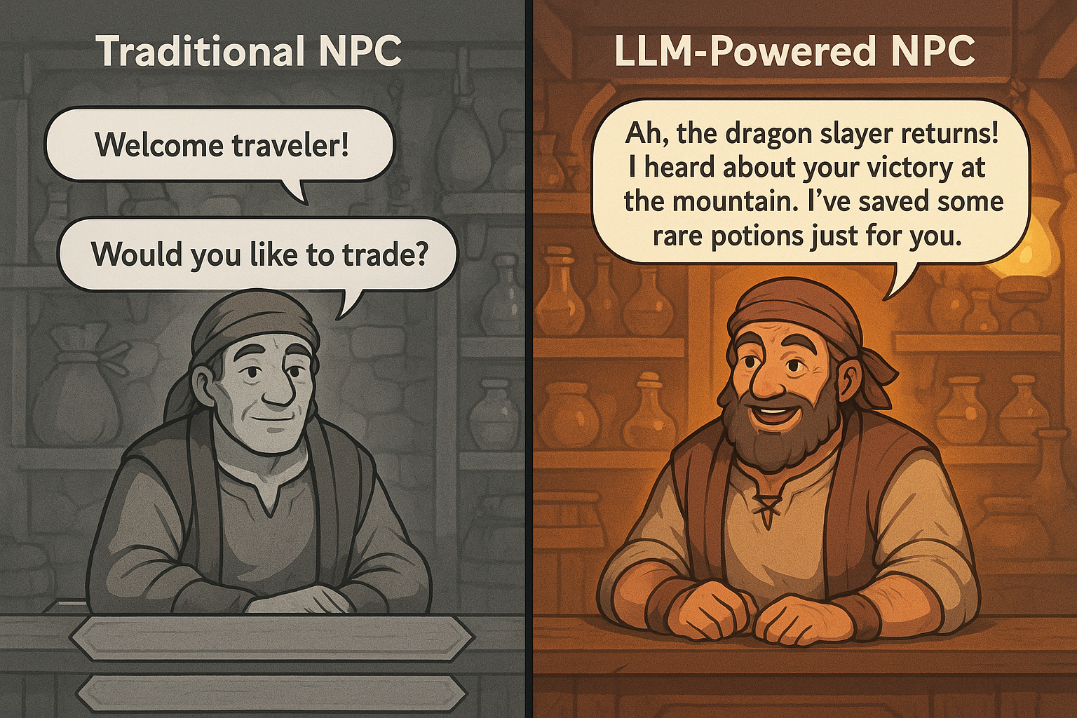 Split screen showing two Unity game views side by side with NPC dialogue comparison