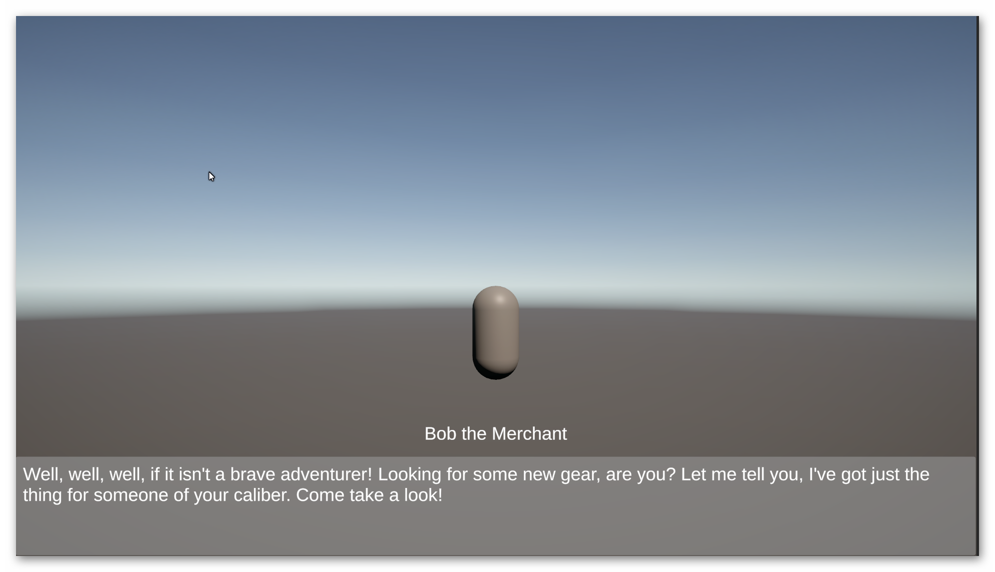 Unity game view showing 3D capsule NPC with semi-transparent dialogue panel displaying text above