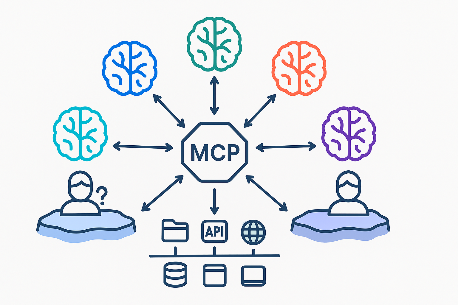 Architecture diagram showing MCP as a central protocol connecting multiple AI platforms to shared tools and services