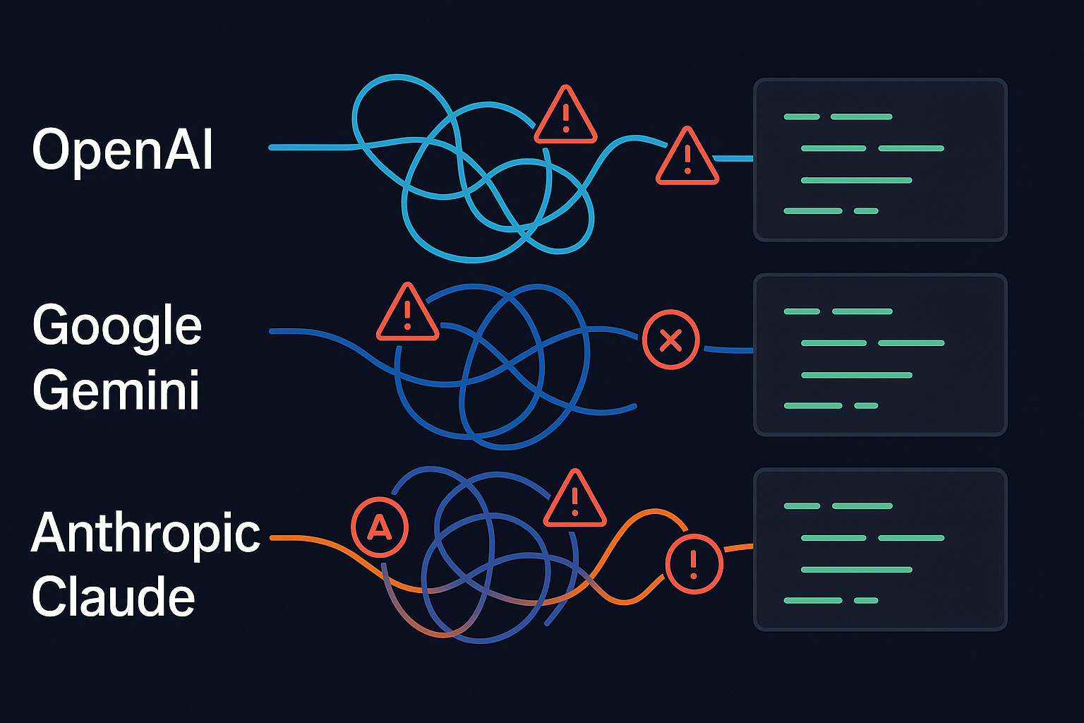 Visualization of proprietary AI tools showing multiple incompatible APIs with tangled code connections creating integration complexity