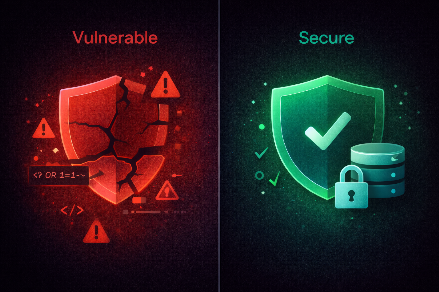 Comparison of vulnerable SQL injection code versus secure parameterized query approach