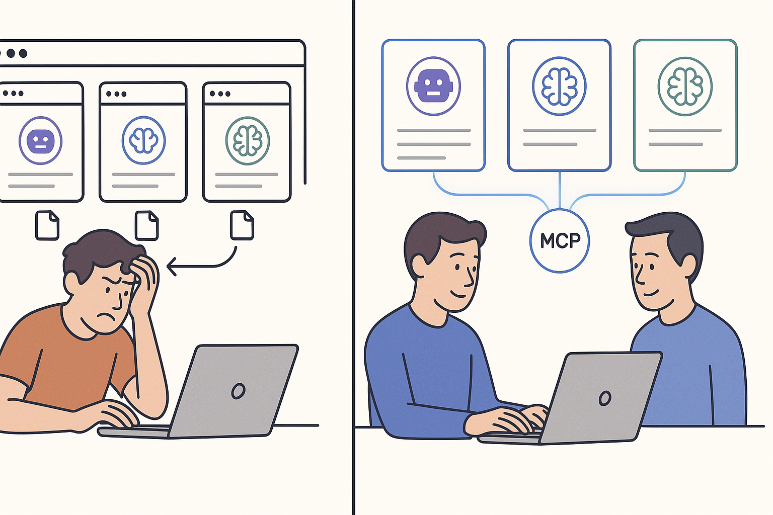 Side-by-side comparison showing traditional manual context copying workflow versus MCP's automatic context sharing between AI models