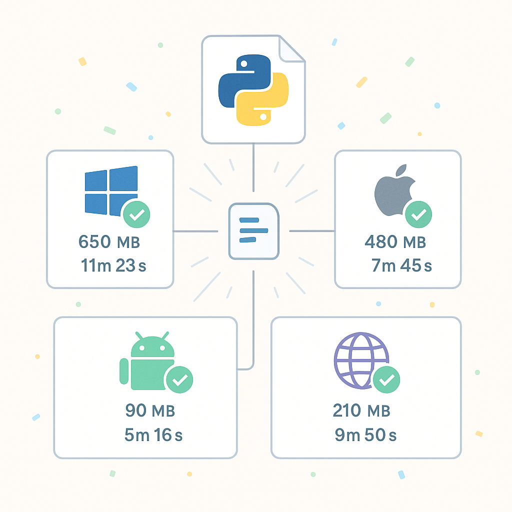Success screen showing completed Unity builds for Windows, Android, and WebGL with green checkmarks, build times (2m 15s, 3m 42s, 1m 58s) and file sizes