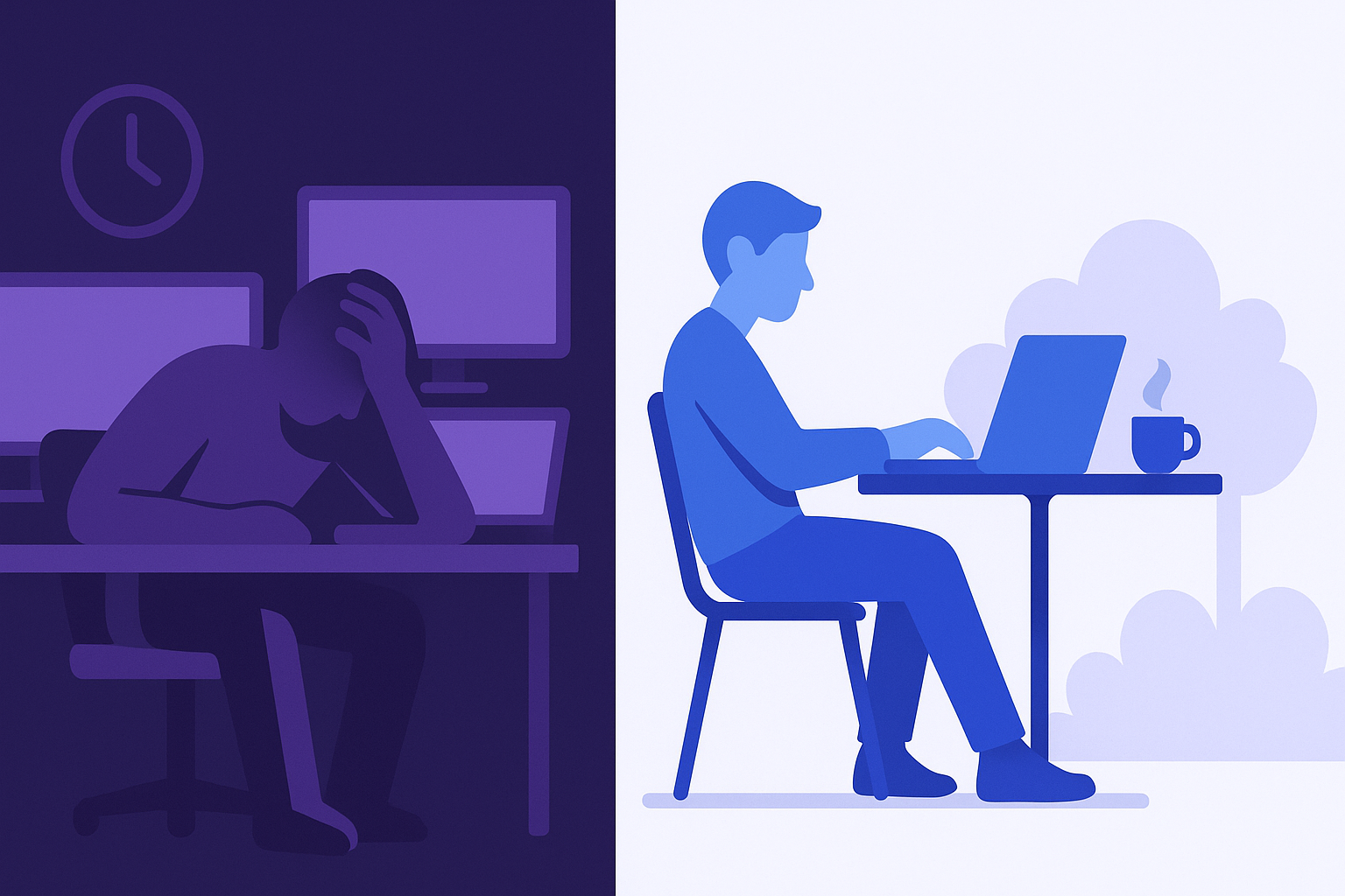 Split-screen comparison: stressed developer at desk with multiple monitors versus relaxed developer at cafe with single laptop - illustrating manual versus automated build workflows