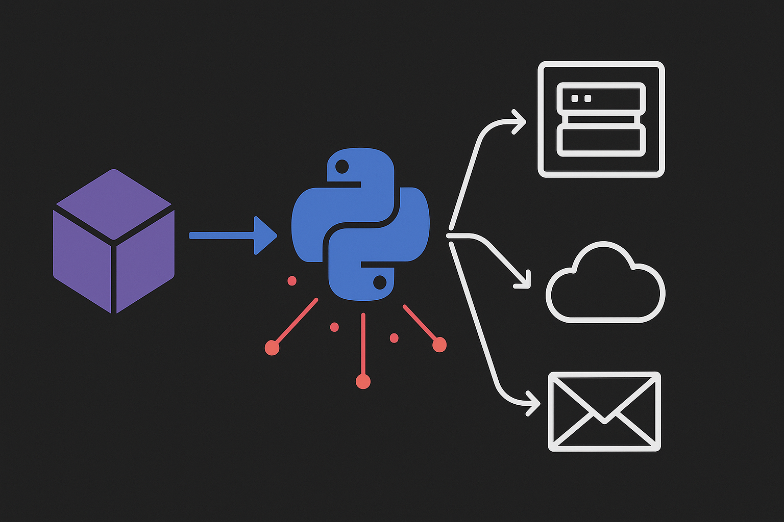 Technical diagram showing Unity build automation deployment flow: Unity cube connects to Python script, which deploys to FTP server, cloud storage, and email notifications