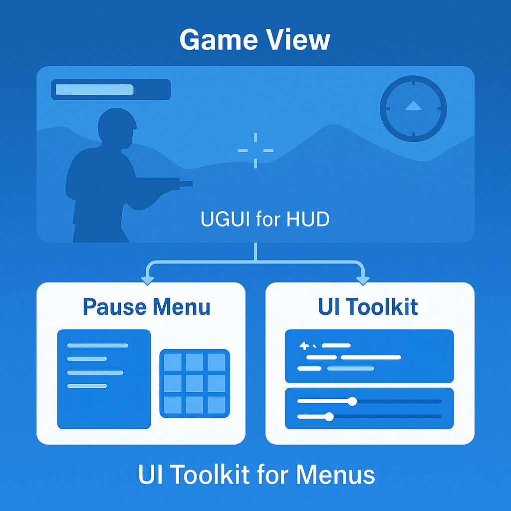 Unity hybrid UI approach diagram - Using UGUI for game HUD and UI Toolkit for menus in the same project