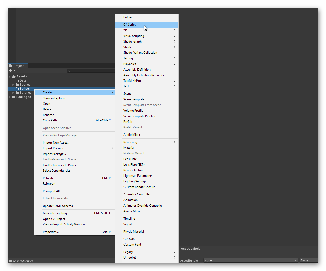 Unity Editor context menu showing Create → C# Script option for ScriptableObject creation