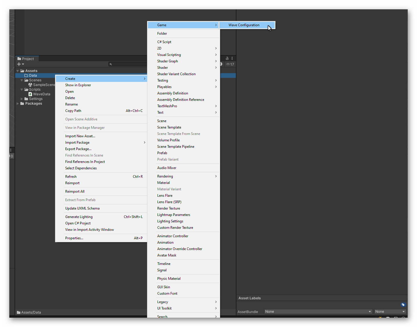 Unity Editor context menu showing Create → Game → Wave Configuration option for creating ScriptableObject assets