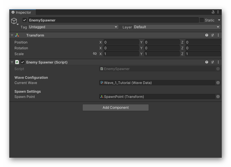 Unity Inspector showing MonoBehaviour script with ScriptableObject asset reference field assigned