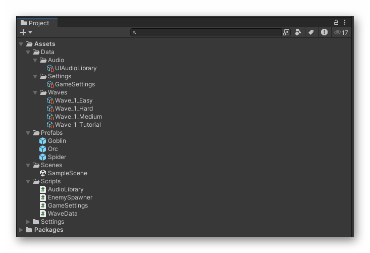 Unity Project window showing organized ScriptableObject assets in Data folders with descriptive names