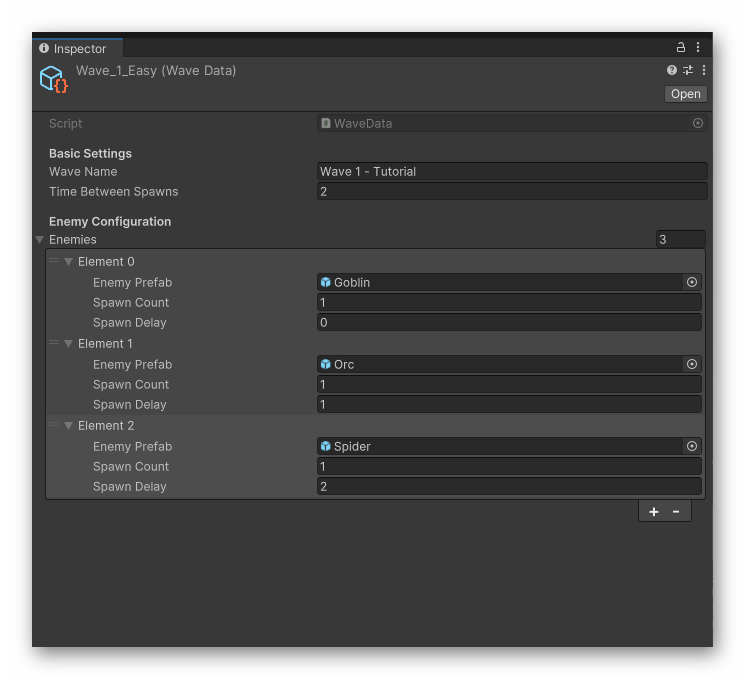 Unity Inspector showing ScriptableObject with organized fields using Header attributes and example data