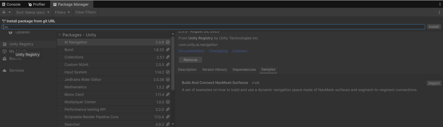 Unity Package Manager window showing Git URL installation dialog