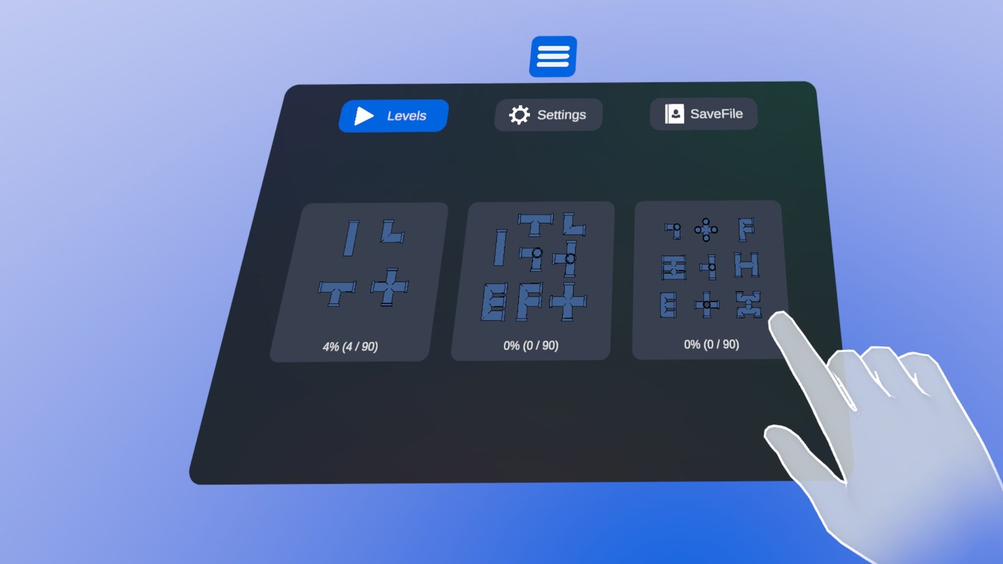 Pipe Craft VR - Mixed Reality Game screenshot showing Soothing Mixed Reality puzzle game with intuitive hand tracking controls and beautiful pipe designs developed with Unity for multiple platforms