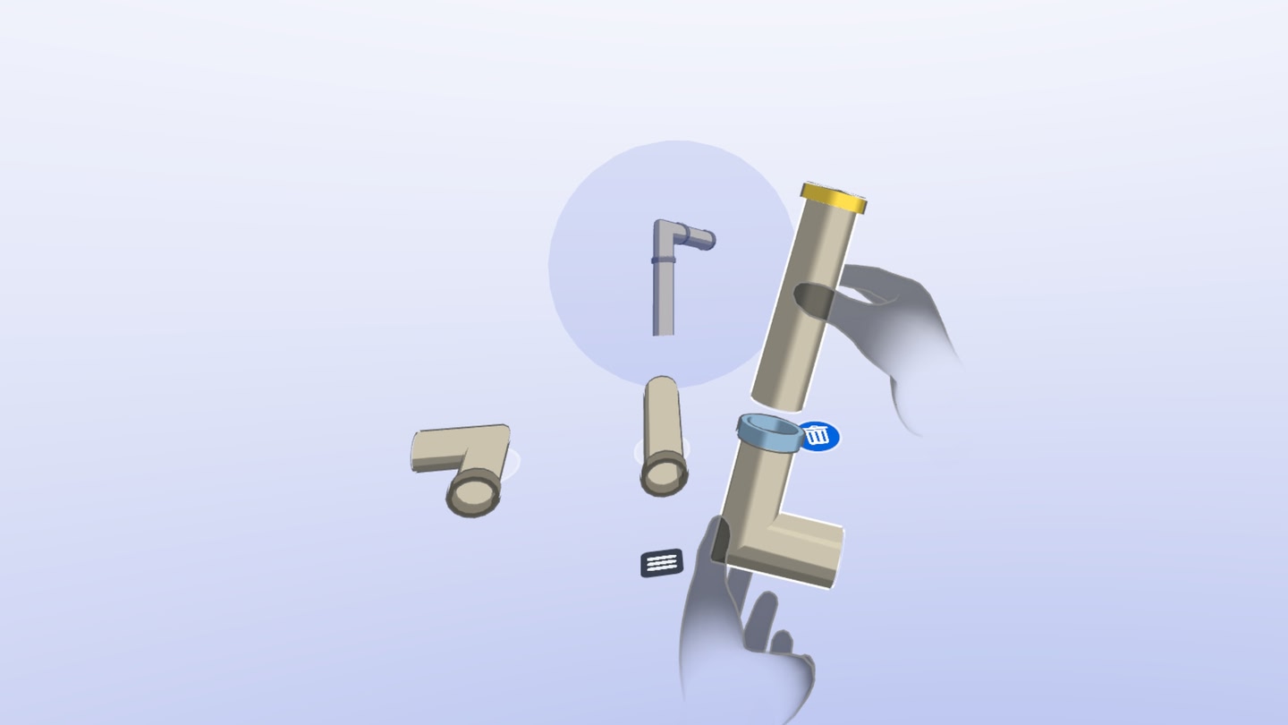 Pipe Craft VR game screenshot 2 showing Meta Quest mixed reality puzzle solving with interactive pipe building mechanics